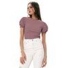 Women's Gathered Short Sleeve Stripe Knit Top In Brick Cream