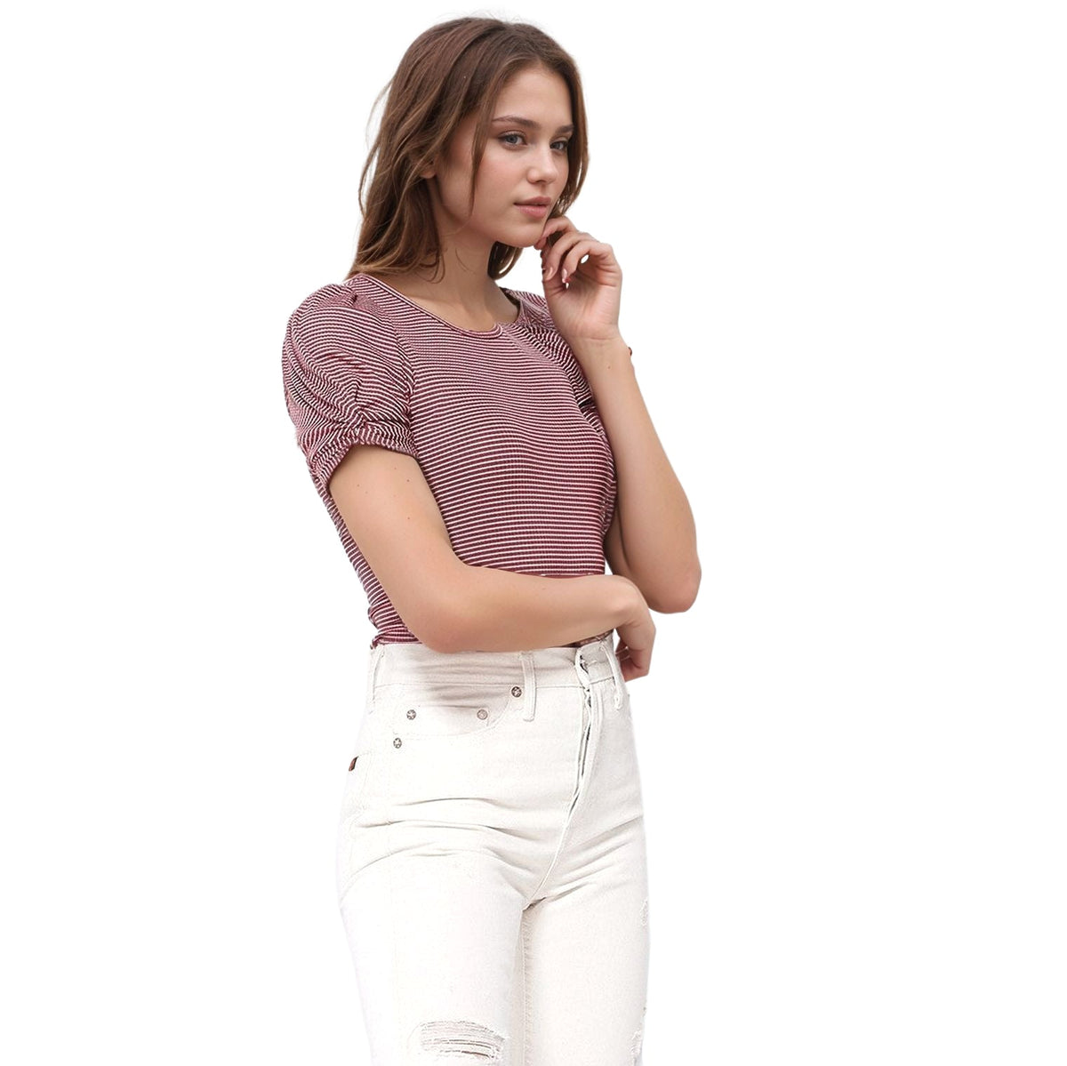 Women's Gathered Short Sleeve Stripe Knit Top In Brick Cream