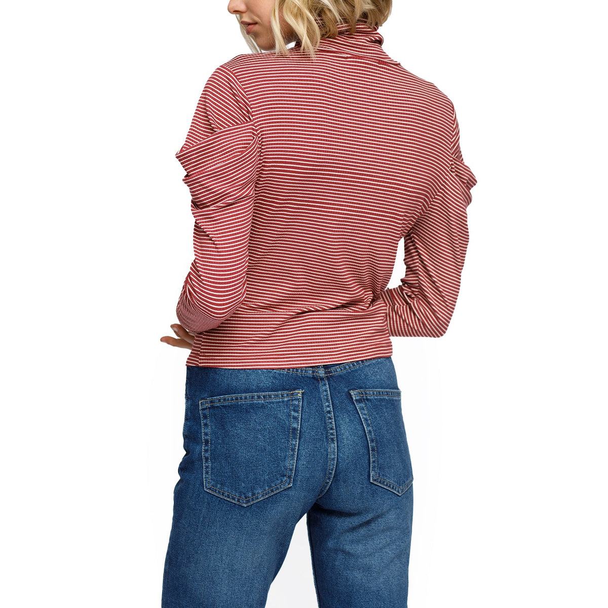 Women's Turtle Neck Puff Sleeve Stripe Knit Top In Brick