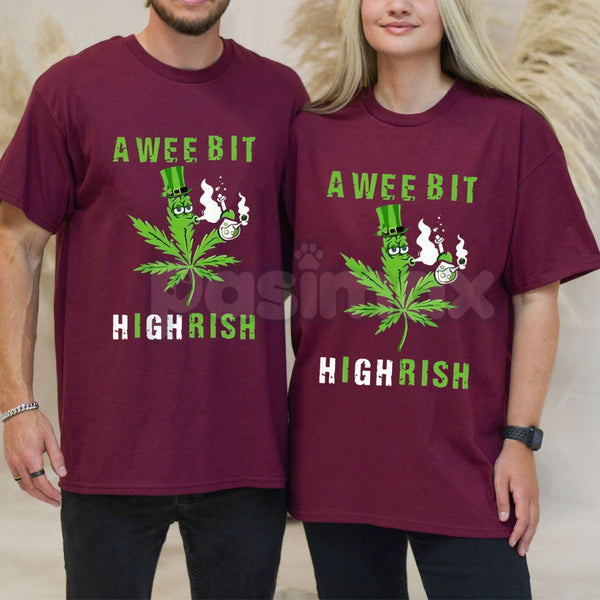 "A Wee Bit Highrish" Funny St. Patrick's Day T-Shirt - Irish Flag Slogan Graphic Tee, Premium 100% Cotton 420 Friendly Holiday Top, Humorous Lucky Clover & Pot Leaf Shirt, Soft Lived-In Heavyweight Festival Apparel, Made in USA St. Paddy's Gift