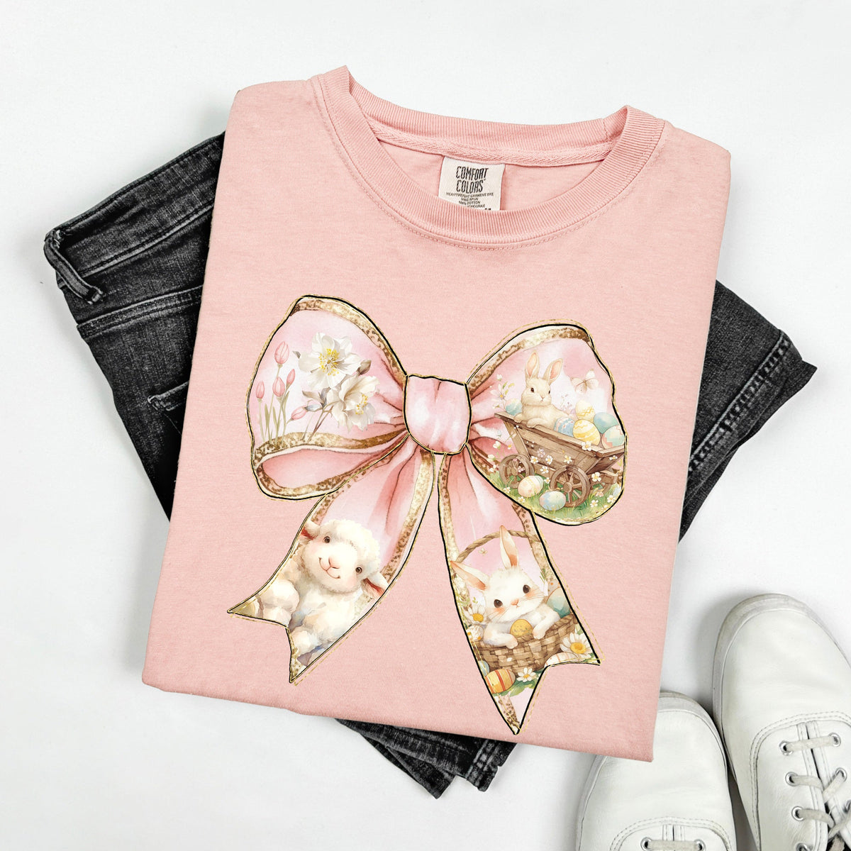 Adorable Bow Ribbon Easter Bunny Jesus Holiday Blessings For Easter Comfort Colors Tee