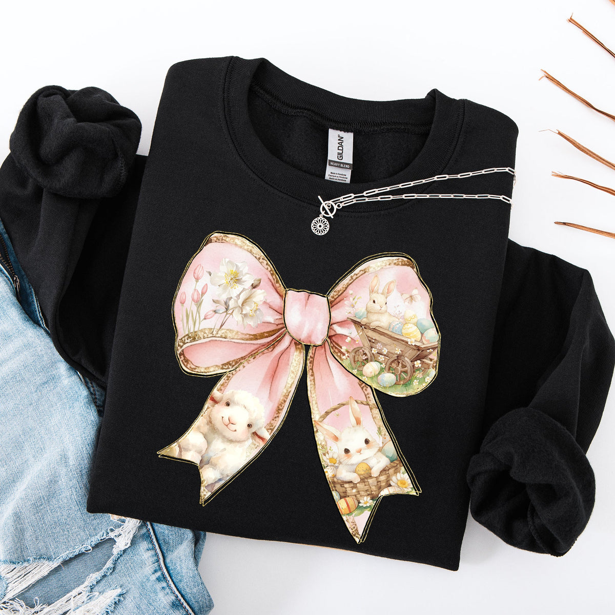 Adorable Bow Ribbon Easter Bunny Jesus Rabbit Holiday Celebration Ensemble Sweatshirt
