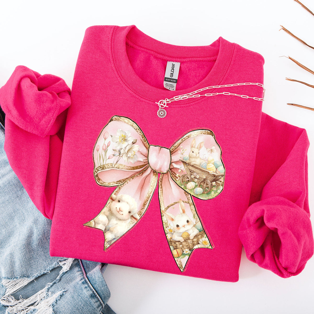 Adorable Bow Ribbon Easter Bunny Jesus Rabbit Holiday Celebration Ensemble Sweatshirt