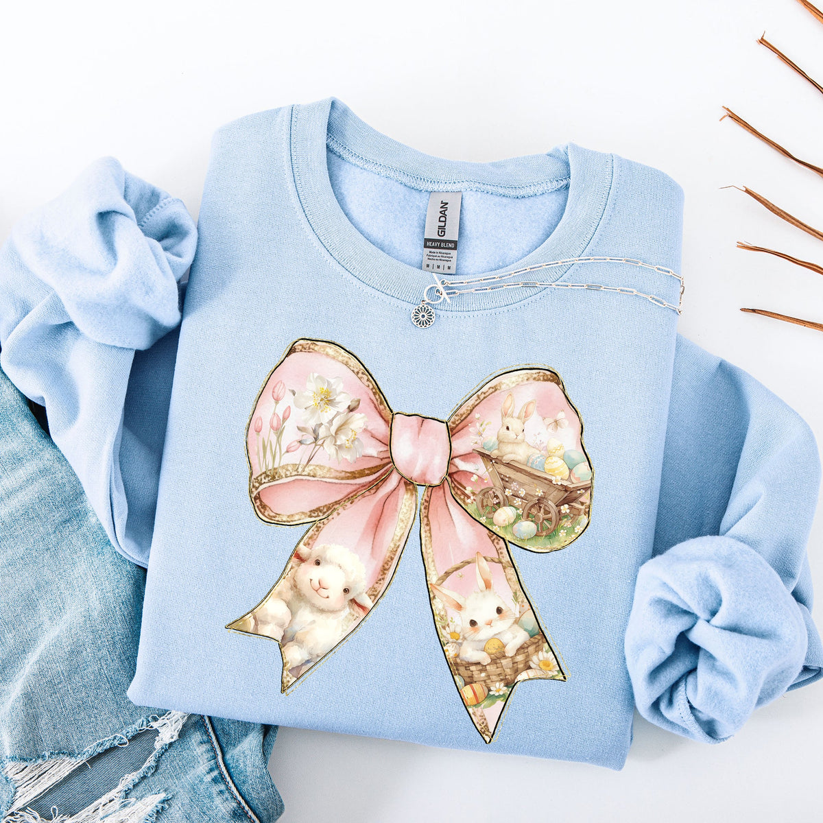 Adorable Bow Ribbon Easter Bunny Jesus Rabbit Holiday Celebration Ensemble Sweatshirt