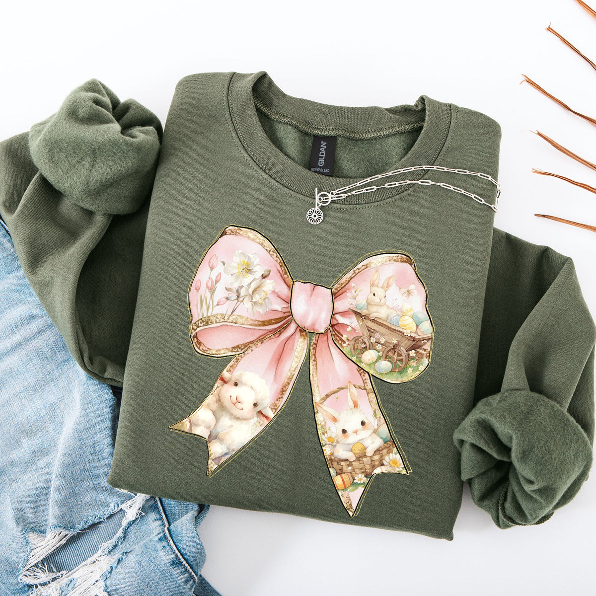 Adorable Bow Ribbon Easter Bunny Jesus Rabbit Holiday Celebration Ensemble Sweatshirt