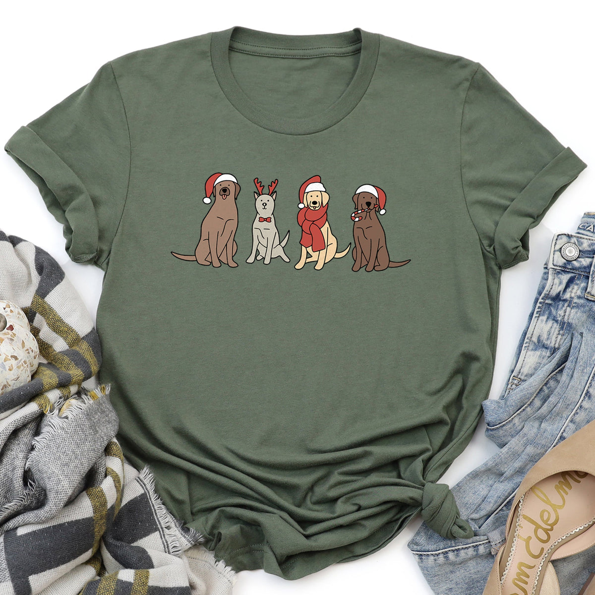 Adorable Christmas Dogs With Reindeer Santa And Retro Holiday Scene Classic Graphic Tee