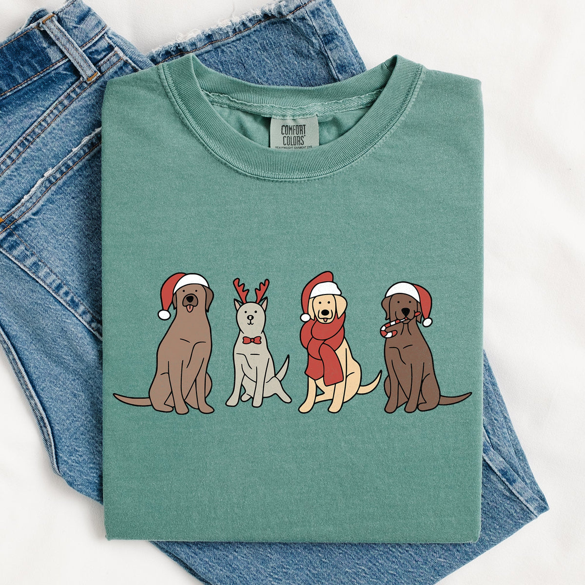 Adorable Christmas Dogs, Reindeer, Santa, Retro Xmas Holiday Scene Comfort Colors Tee