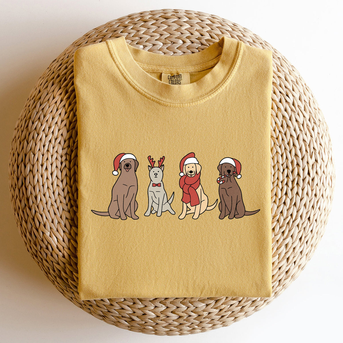 Adorable Christmas Dogs, Reindeer, Santa, Retro Xmas Holiday Scene Comfort Colors Tee