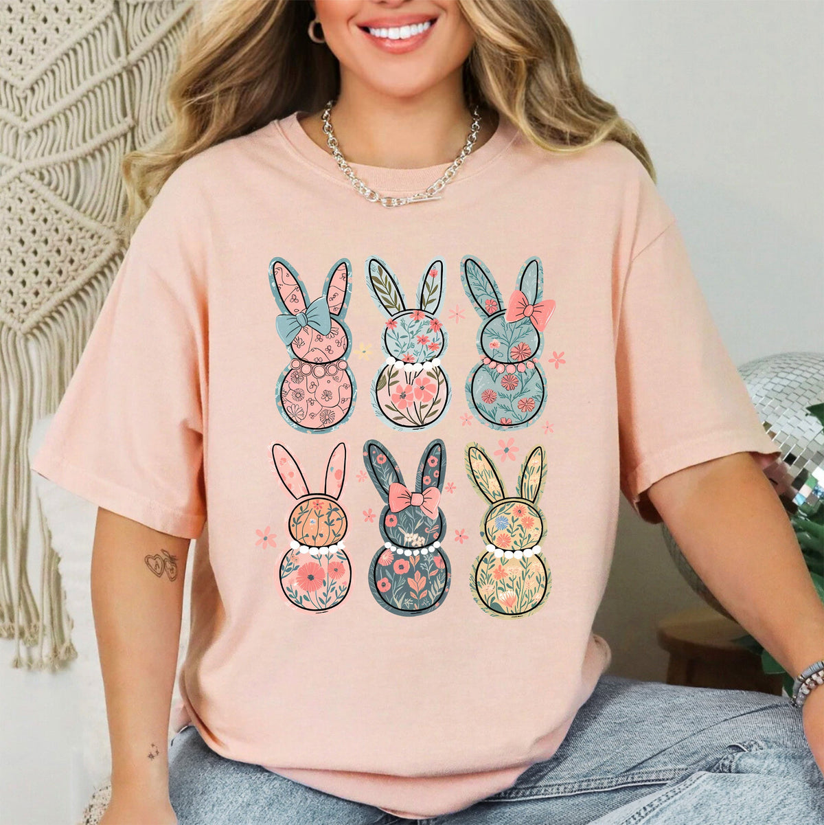 Adorable Floral Bunnies Easter Jesus Rabbit Holiday Theme Graphic Comfort Colors Tee