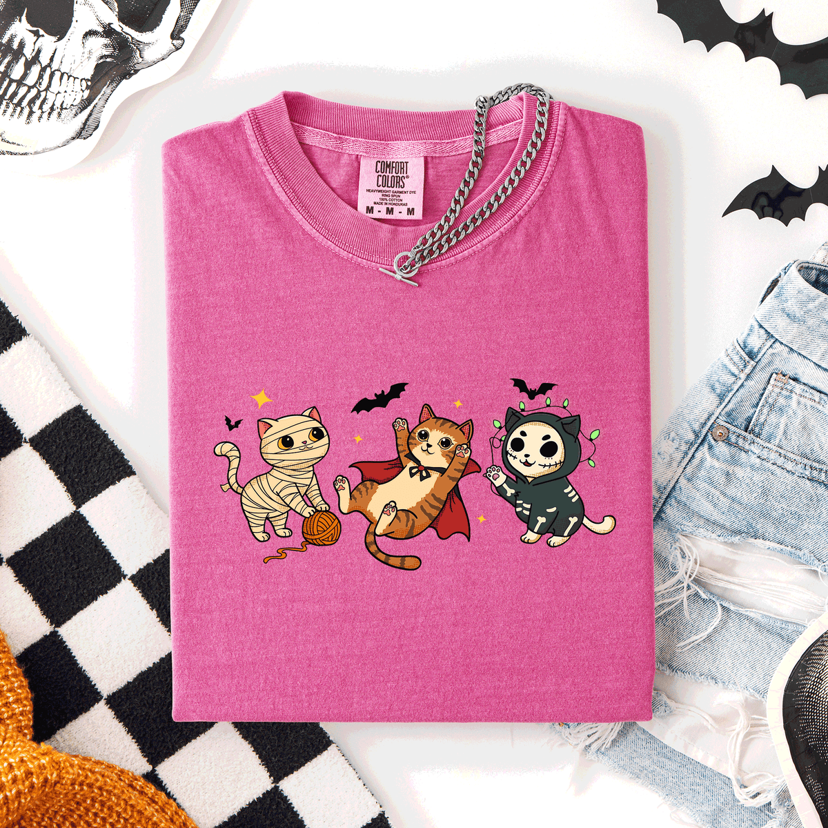 Adorable Halloween Cats Cozy Autumn Cat Themed Whimsical Feline Nighttime Festival Favorite Comfort Colors Tee