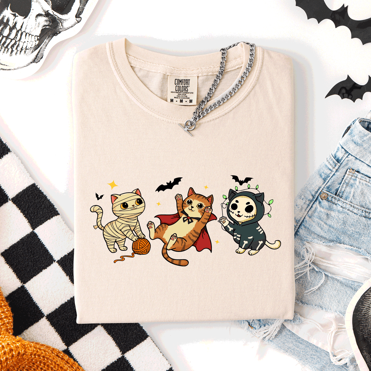 Adorable Halloween Cats Cozy Autumn Cat Themed Whimsical Feline Nighttime Festival Favorite Comfort Colors Tee