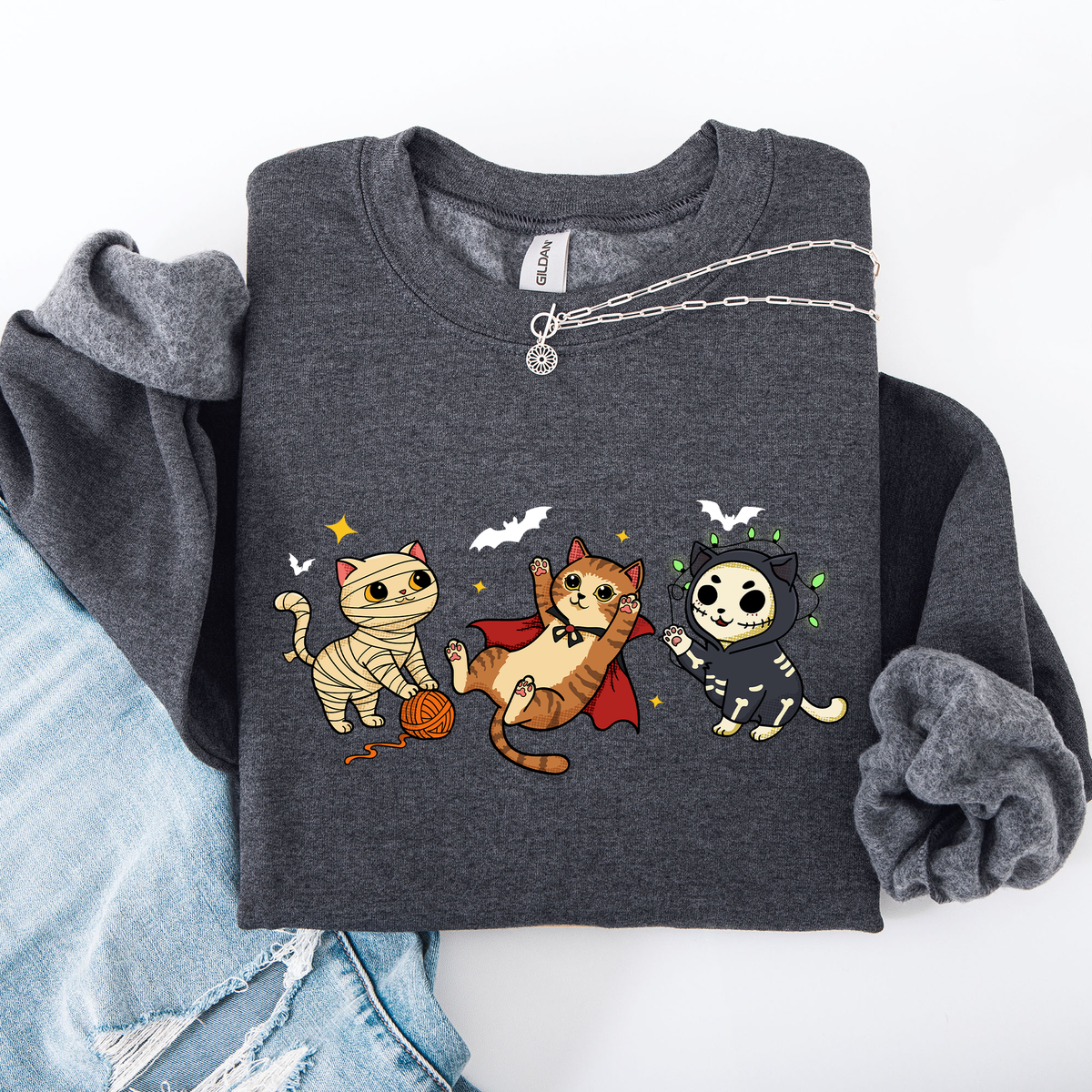 Adorable Halloween Cats All Over Feline Illustration Cozy Costume Style Sweatshirt