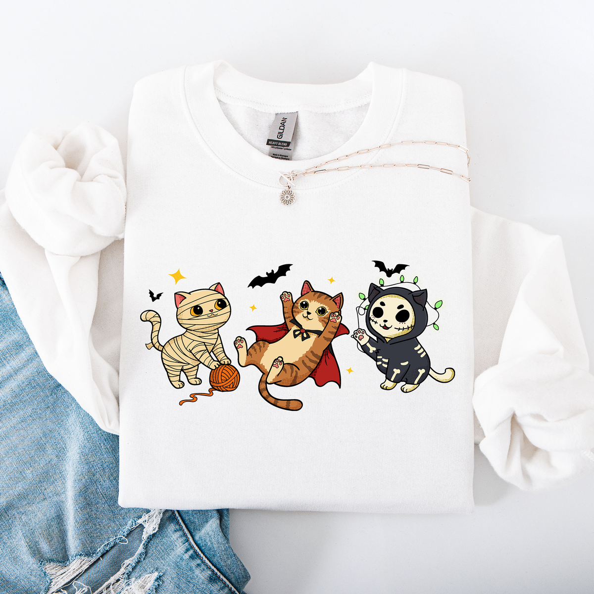 Adorable Halloween Cats All Over Feline Illustration Cozy Costume Style Sweatshirt