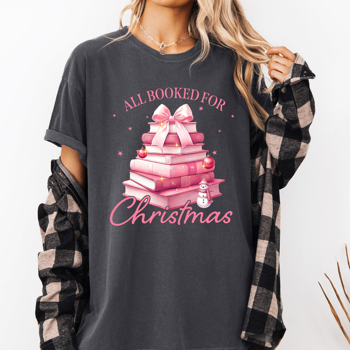 All Booked For Christmas Coquette Reading Teacher Winter Santa Xmas Comfort Colors Tee