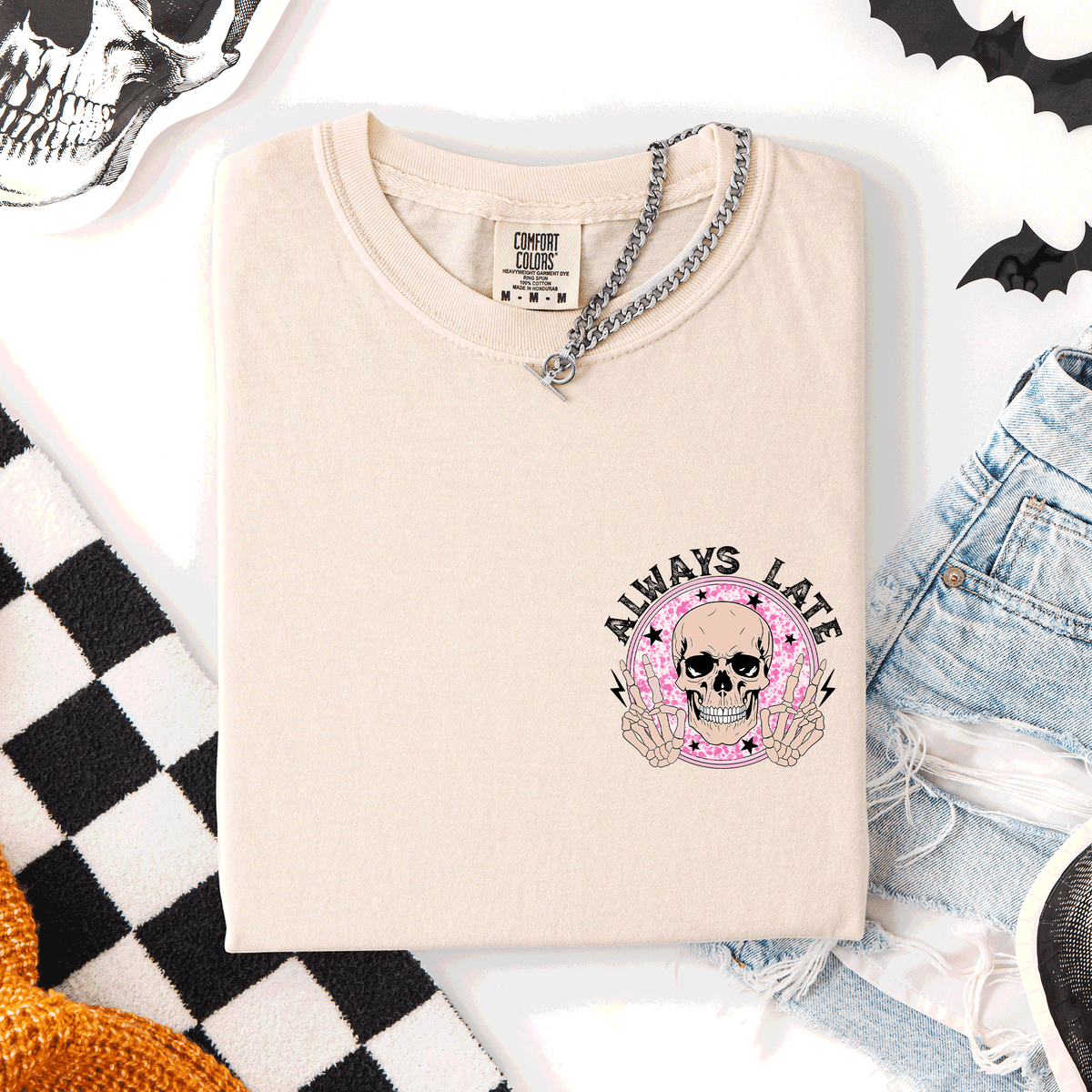 Always Late Skeleton Mood Vibe Pocket Halloween Night Limited Edition Comfort Colors Tee