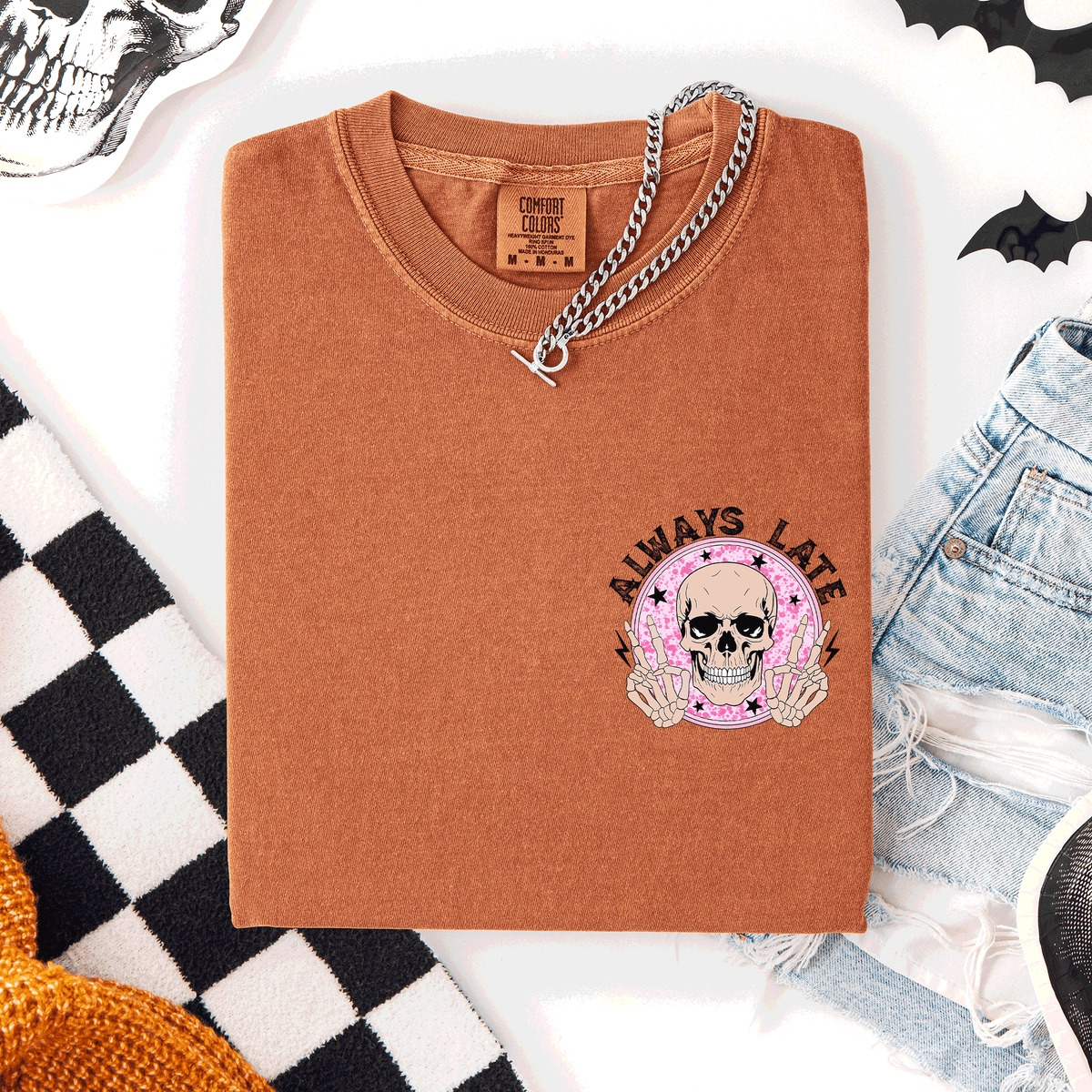 Always Late Skeleton Mood Vibe Pocket Halloween Night Limited Edition Comfort Colors Tee