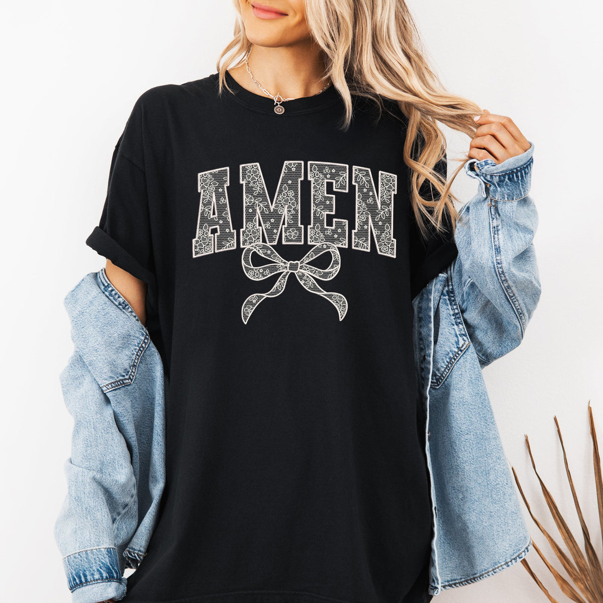 Amen Lace Coquette Ribbon Bow Christian Jesus Gospel Faith Saved Comfort Colors Tee