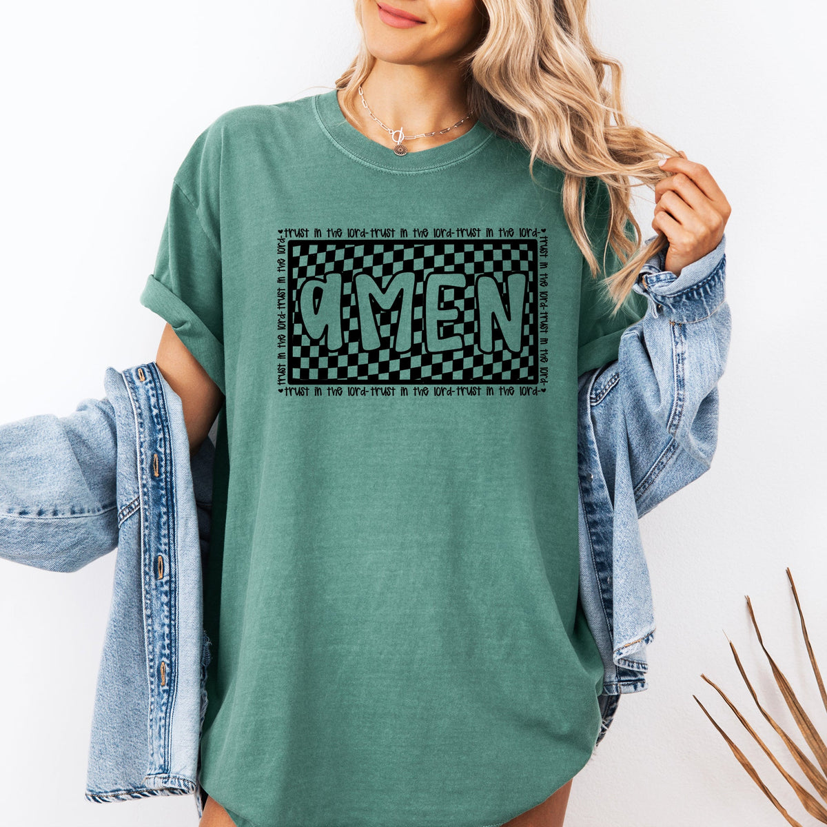 Amen, Trust In The Lord Checkered Christian Jesus Gospel Faith Saved Comfort Colors Tee