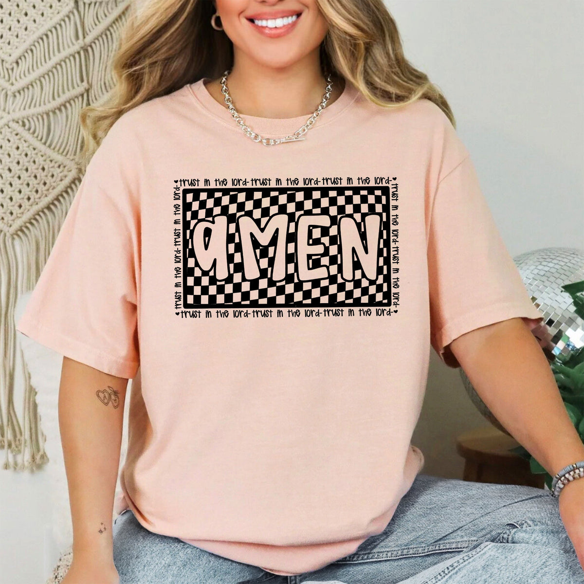 Amen, Trust In The Lord Checkered Christian Jesus Gospel Faith Saved Comfort Colors Tee