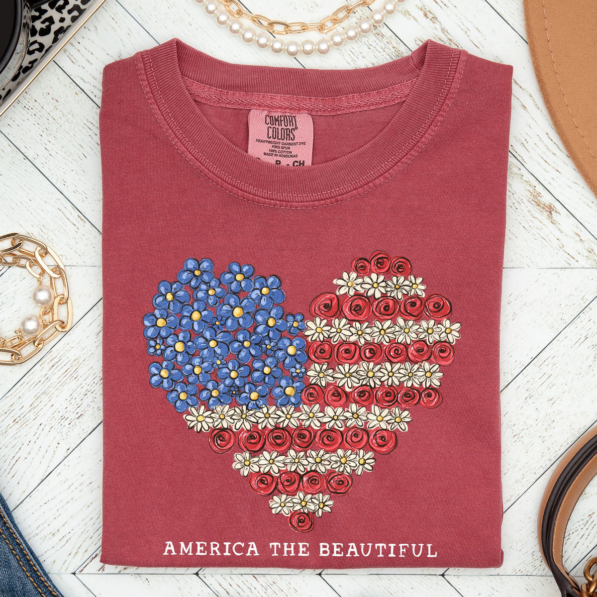 America The Beautiful Flowers Heart Flag Patriotic Floral Design Comfort Colors Tee