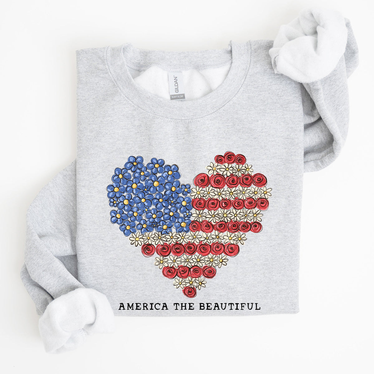 America The Beautiful Flowers Heart Flag American Patriot Floral Motif Sweatshirt