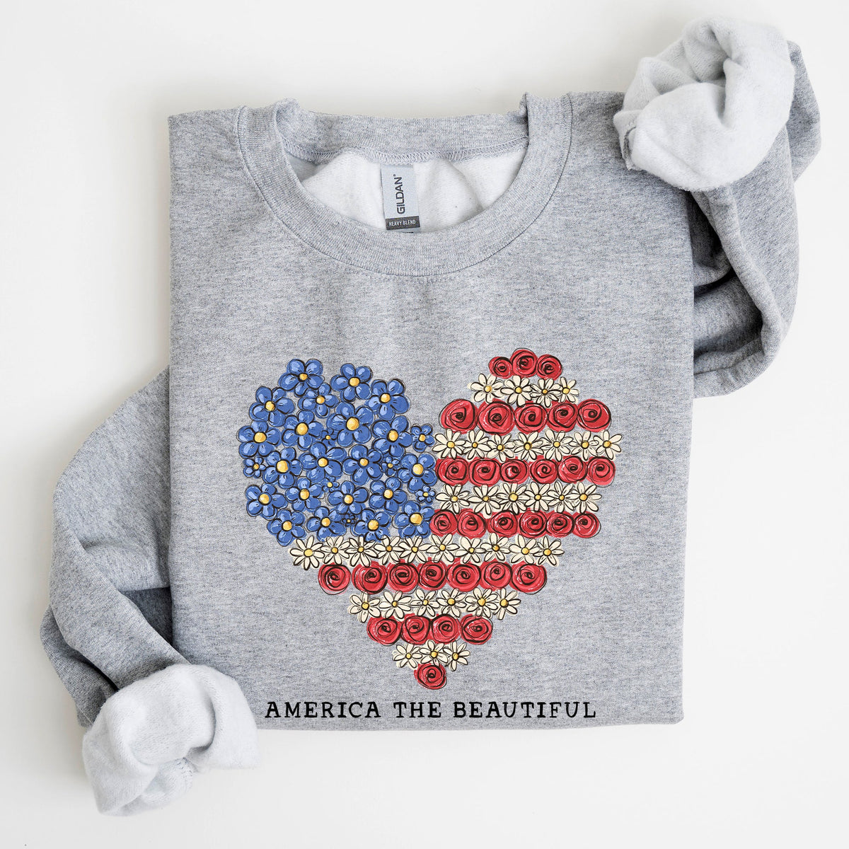 America The Beautiful Flowers Heart Flag American Patriot Floral Motif Sweatshirt