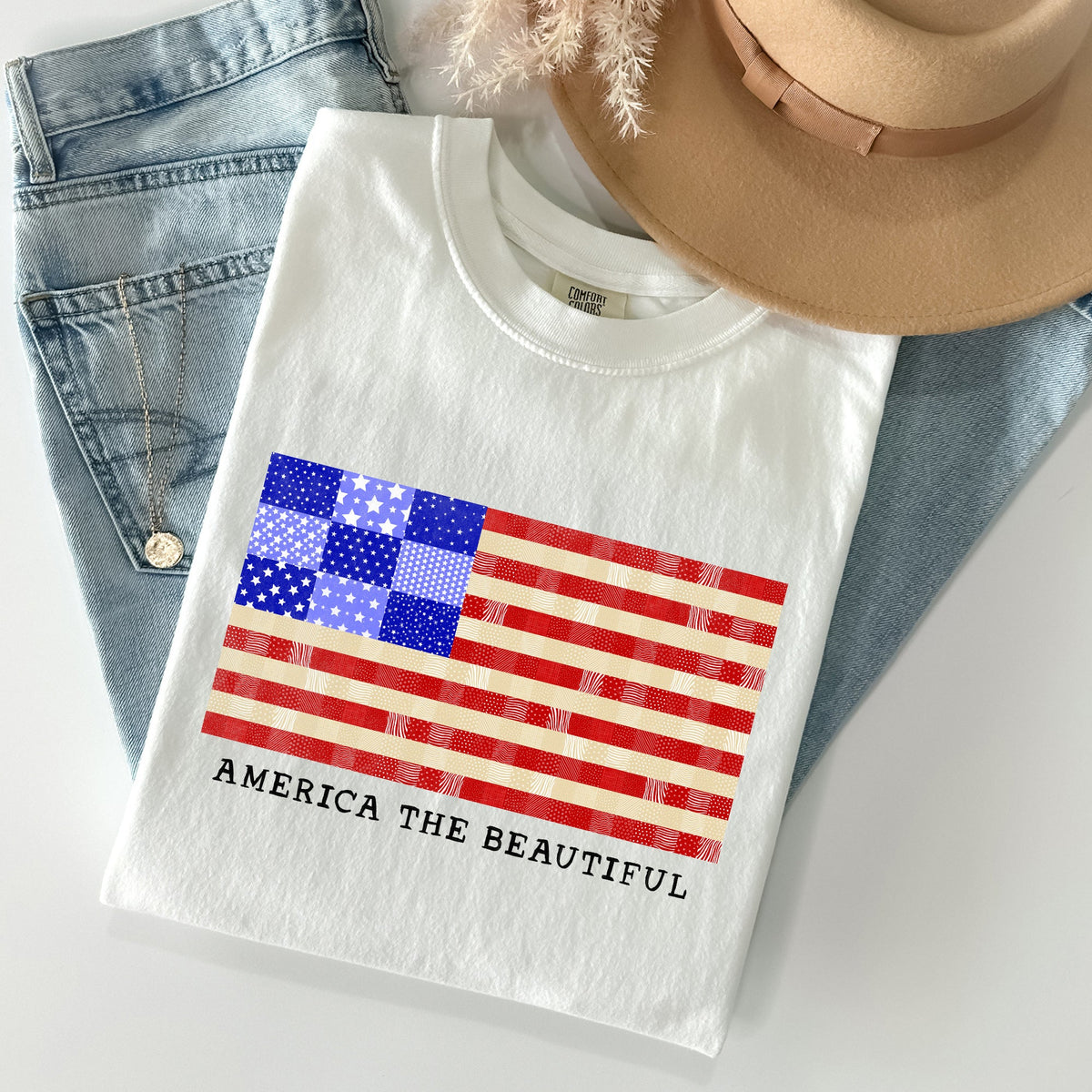 America The Beautiful Quilt Flag Fourth Of July Patriotic Quilt Pattern Comfort Colors Tee