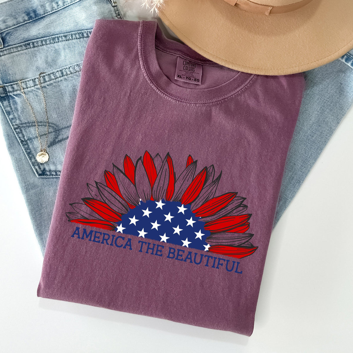 America The Beautiful Sunflower Flag Red White Blue Patriotic Comfort Colors Tee