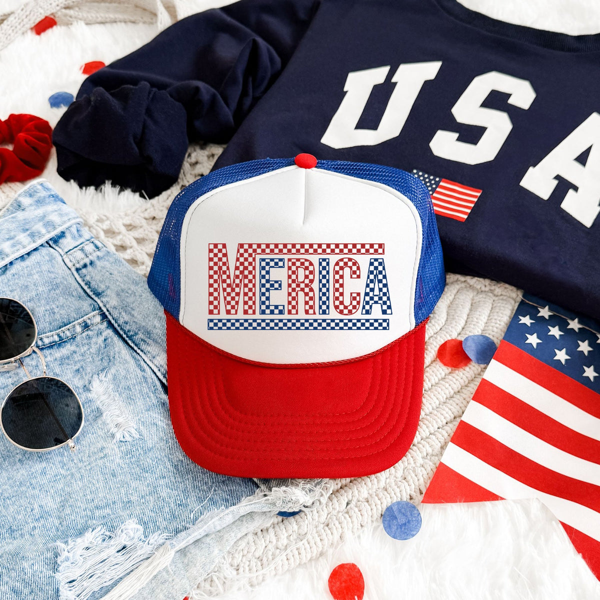America Checkered Patriotic Fourth Of July Edition Premium Adjustable Trucker Hat