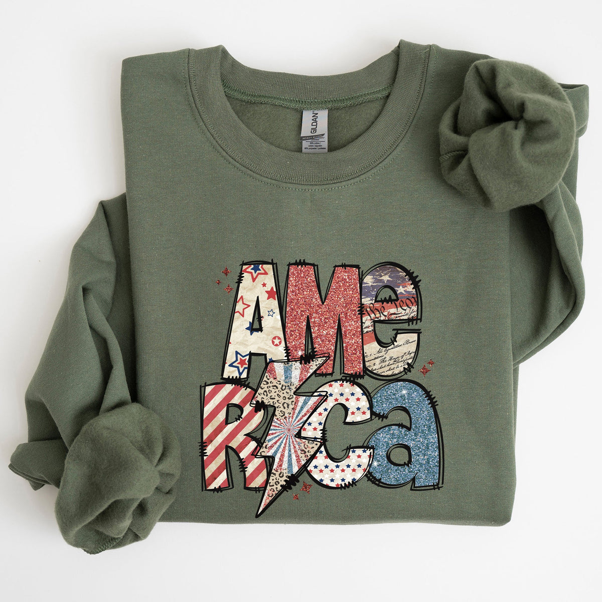 America Patriot Lightning Bolt Patch Graphic In Bold Patriotic Style Sweatshirt