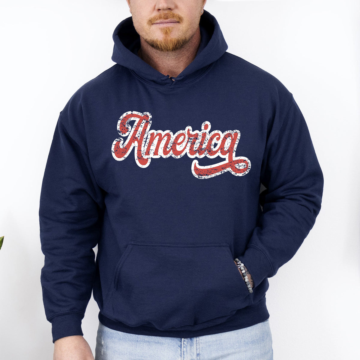 America Red White Varsity Retro Patriotic USA 4th of July Iconic Hooded Sweatshirt