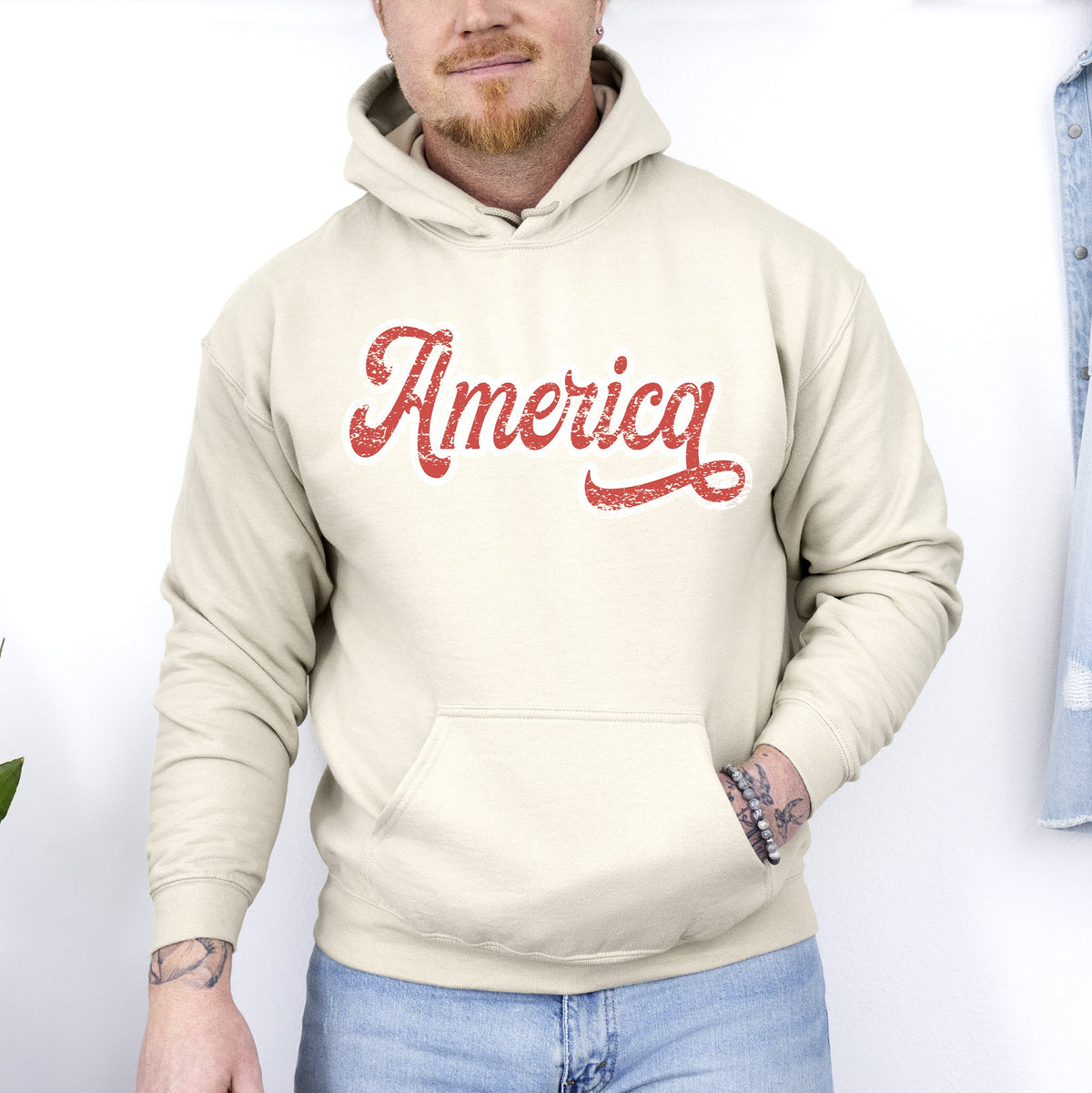 America Red White Varsity Retro Patriotic USA 4th of July Iconic Hooded Sweatshirt