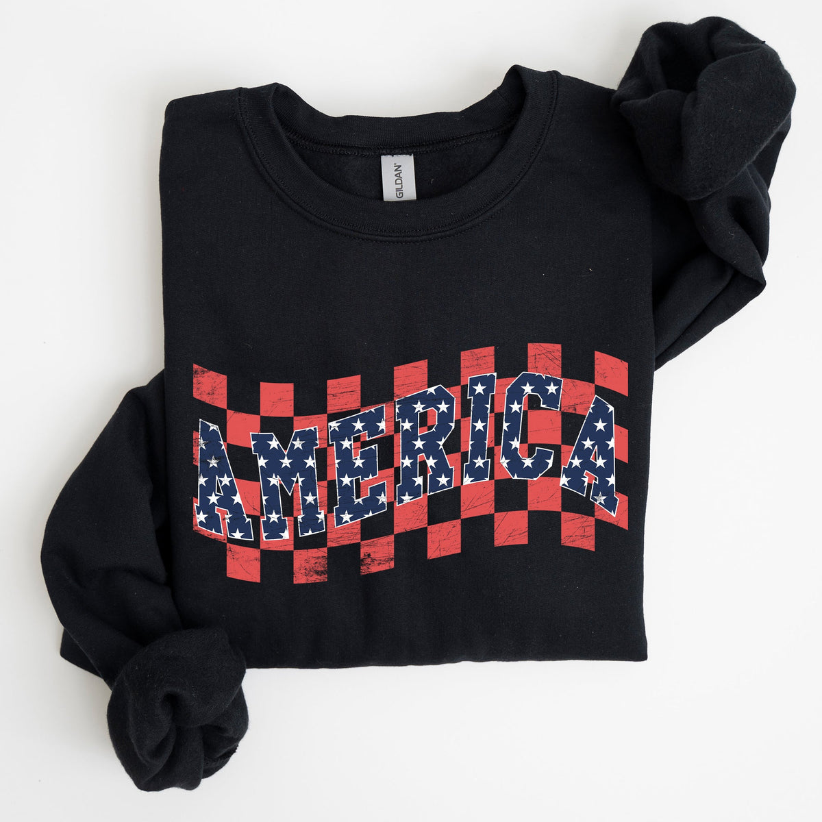 America Retro Patriotic USA Checkered Vintage Americana Flag Inspired Sweatshirt
