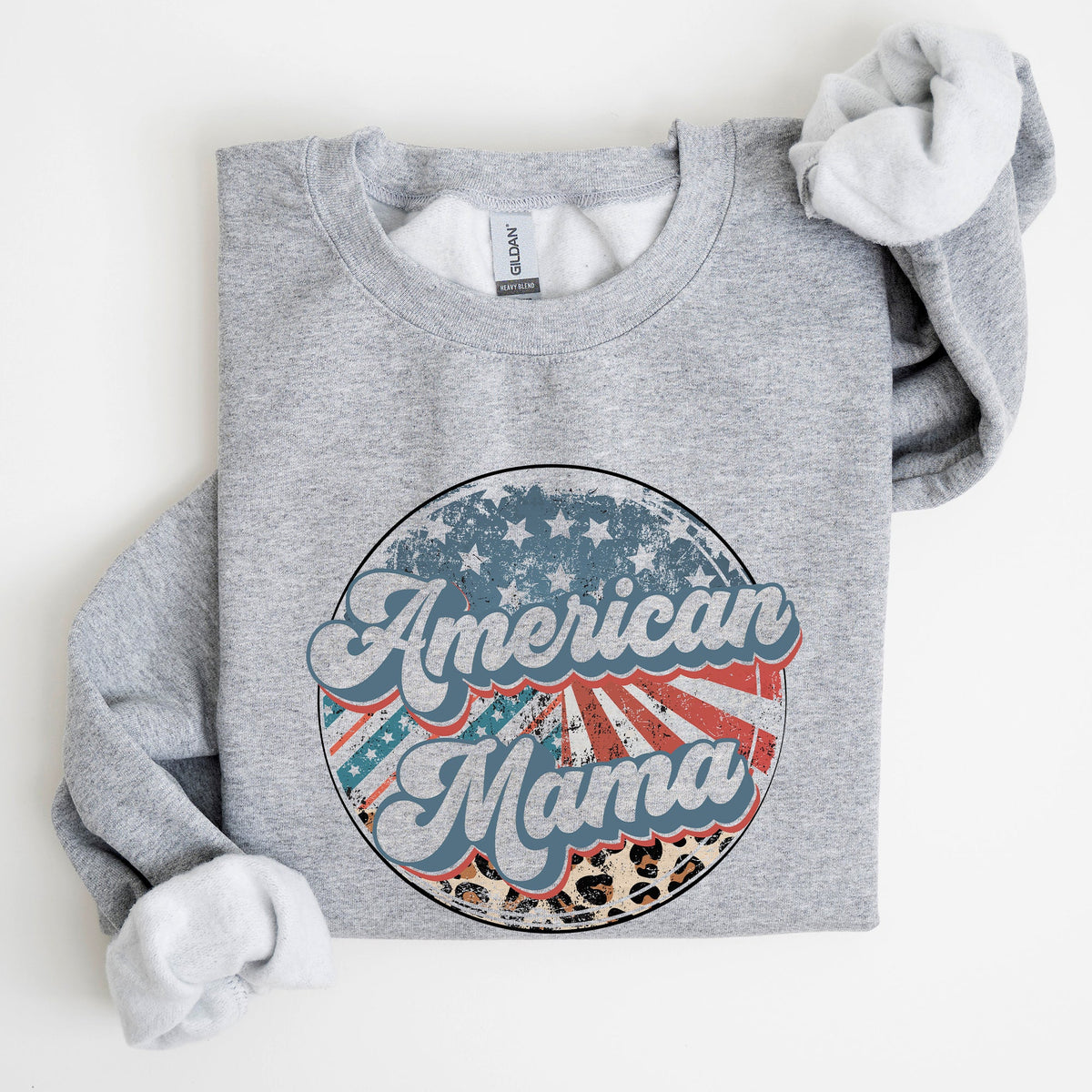 American Mama Leopard Print Patriotic Independence Day Celebration Edition Sweatshirt