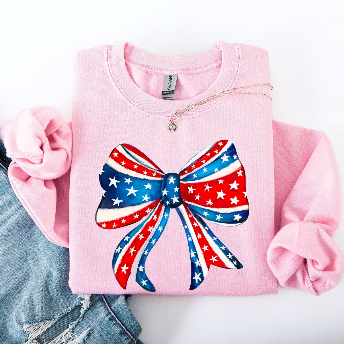 American Bow Red White Blue Patriotic 4th of July Flag Inspired Vintage Style Sweatshirt