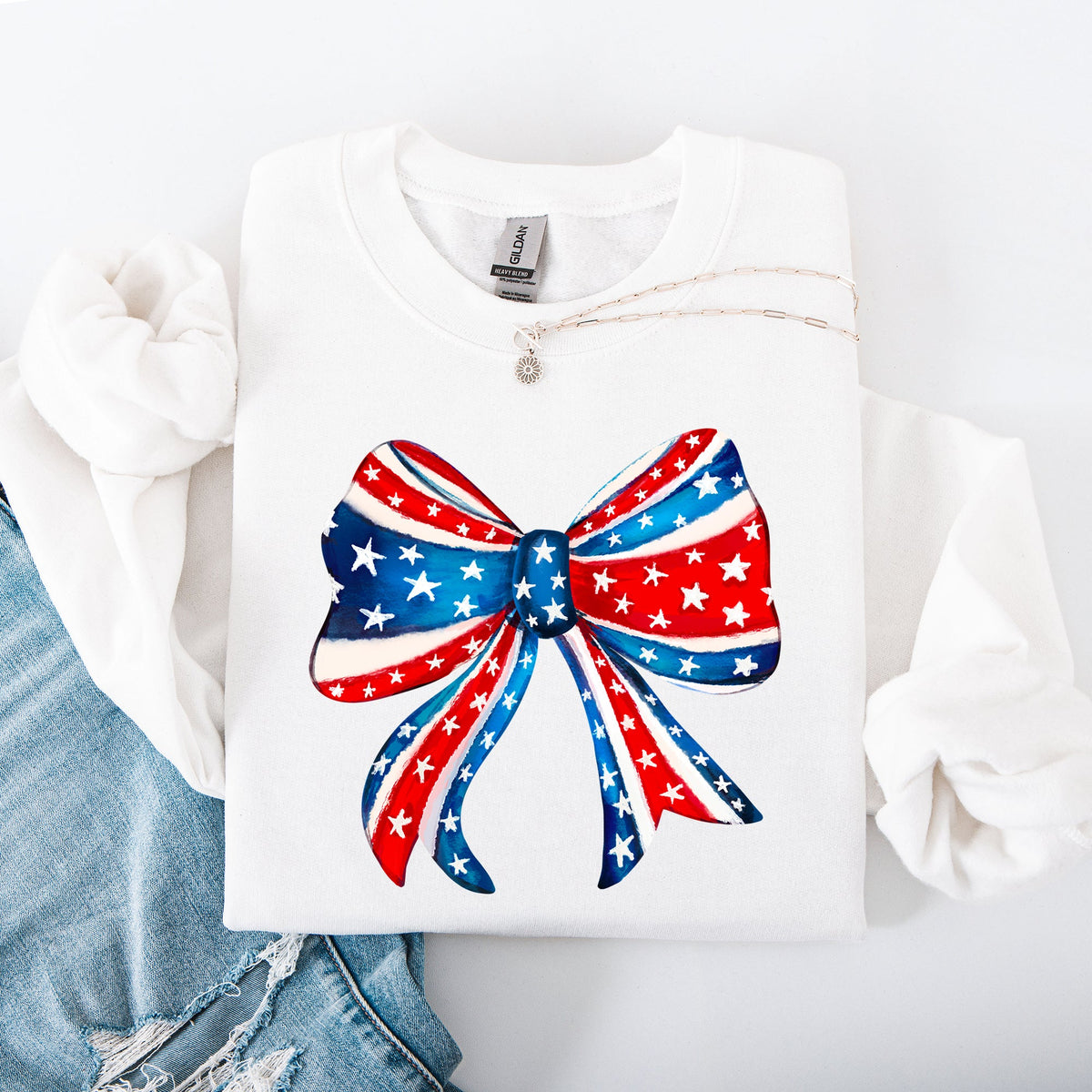 American Bow Red White Blue Patriotic 4th of July Flag Inspired Vintage Style Sweatshirt