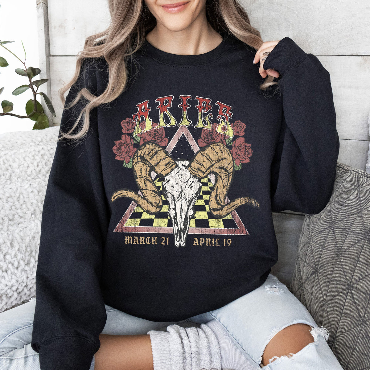 Aries Zodiac Astrology Horoscope Celestial Sign Constellation Pattern Vintage Inspired Graphic Sweatshirt