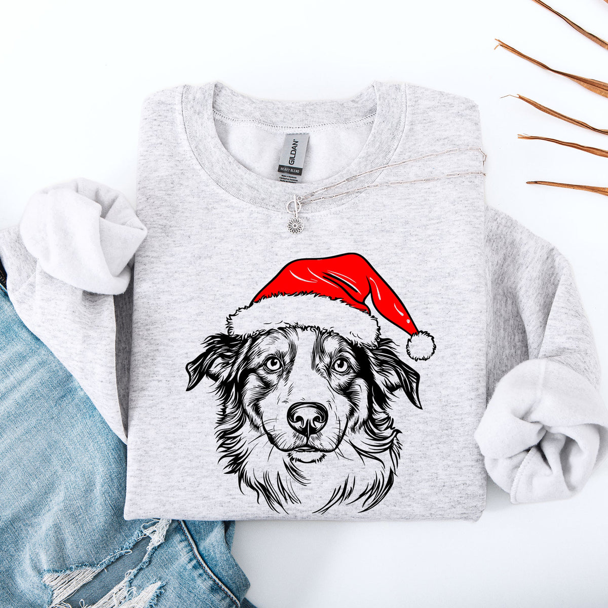 Australian Shepherd Santa Dog Lover Christmas Festive Holiday Graphic Sweatshirt