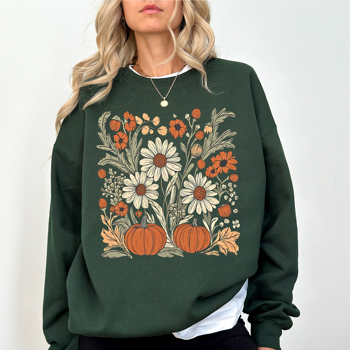 Autumn Botanical Floral Pressed Flowers Pumpkins Thanksgiving Season Cozy Sweatshirt