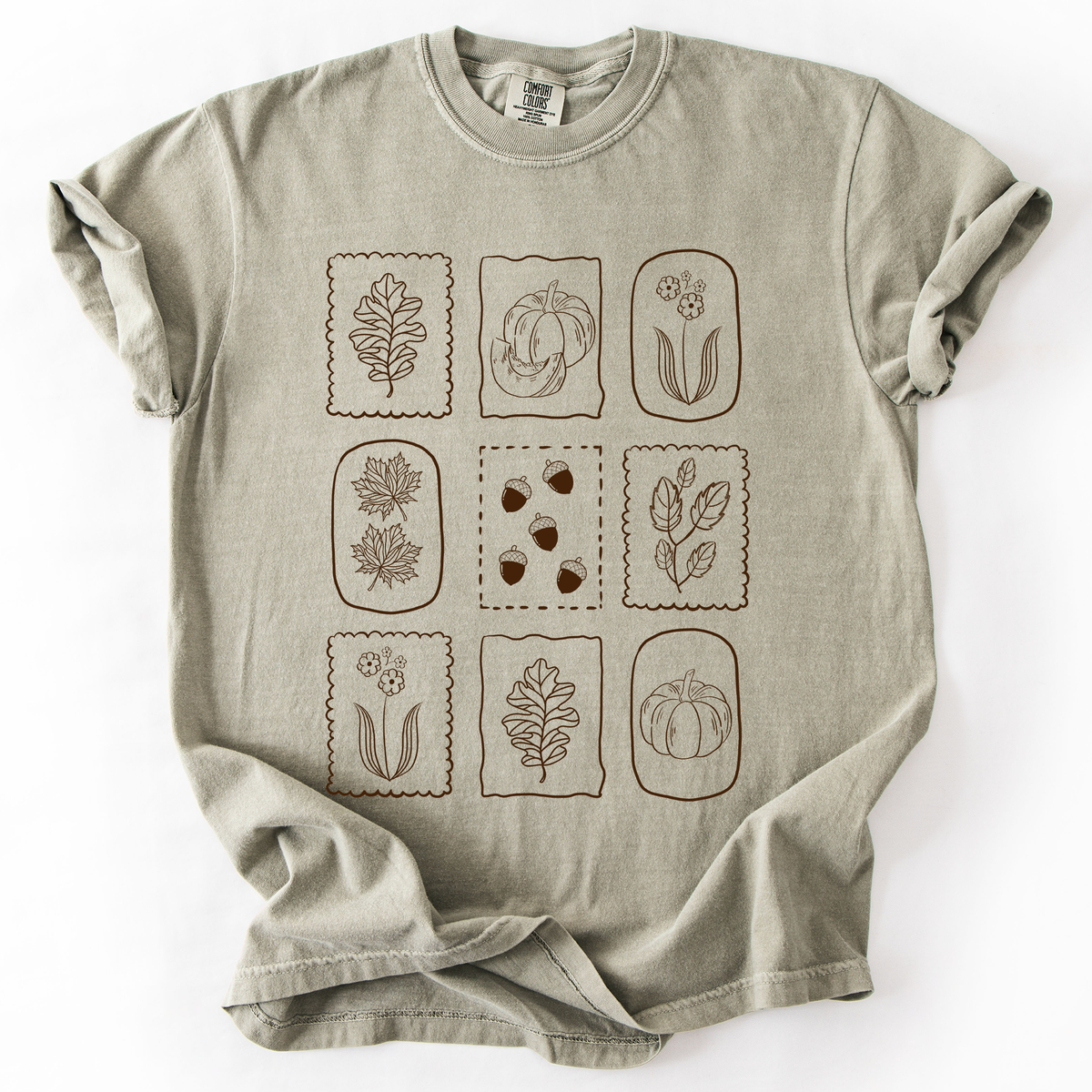Autumn Flowers Minimalist Boho Fall Bouquet With Blue Wildflowers Sunflowers And Pumpkin Accents Comfort Colors Tee