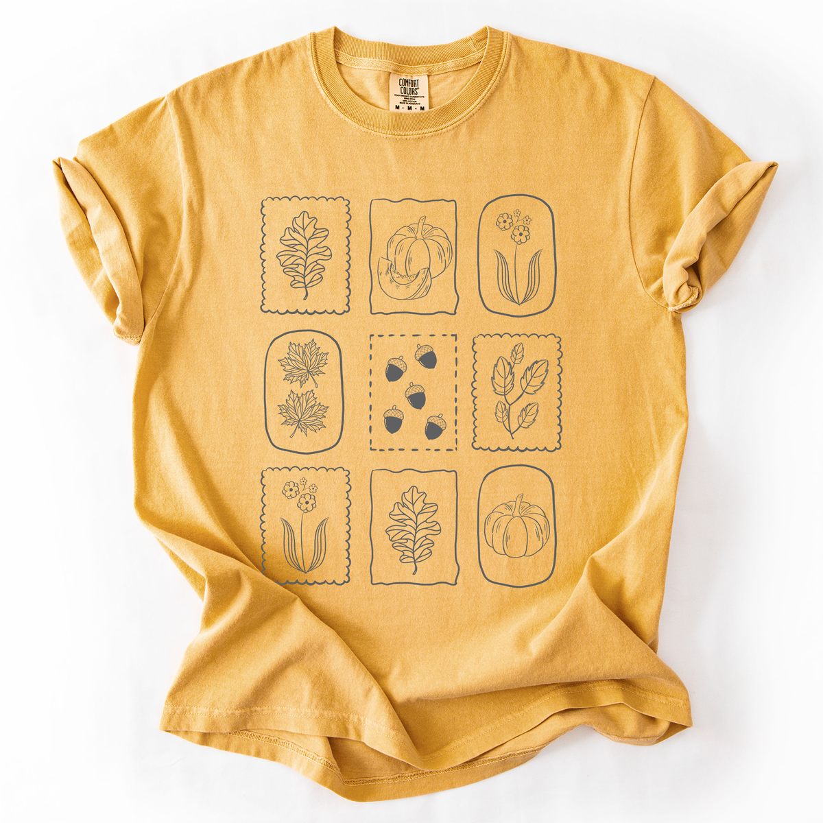 Autumn Flowers Minimalist Boho Fall Bouquet With Blue Wildflowers Sunflowers And Pumpkin Accents Comfort Colors Tee