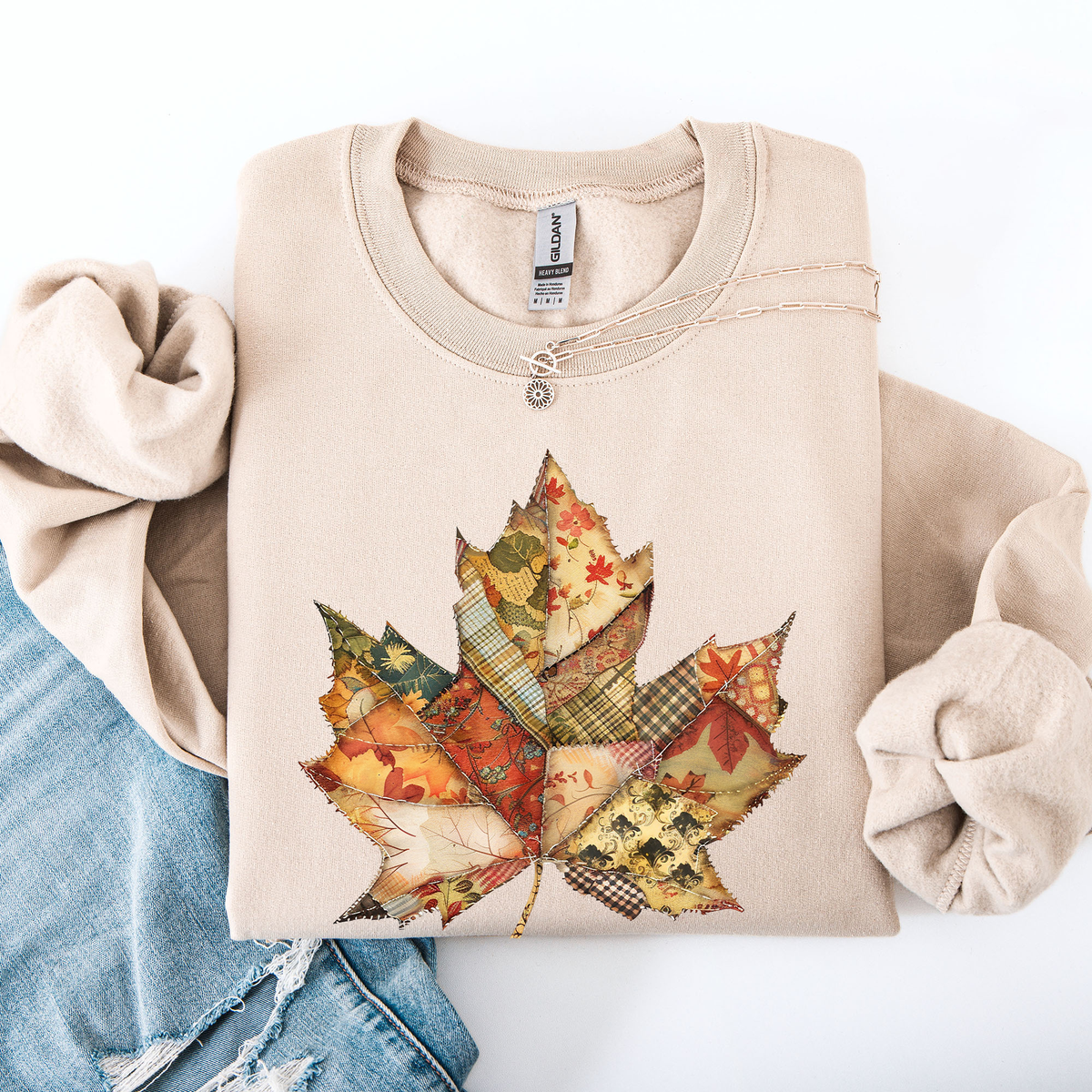 Autumn Leaf Faux Quilt Leaves Floral Sunflowers Pumpkins Thanksgiving Sweatshirt