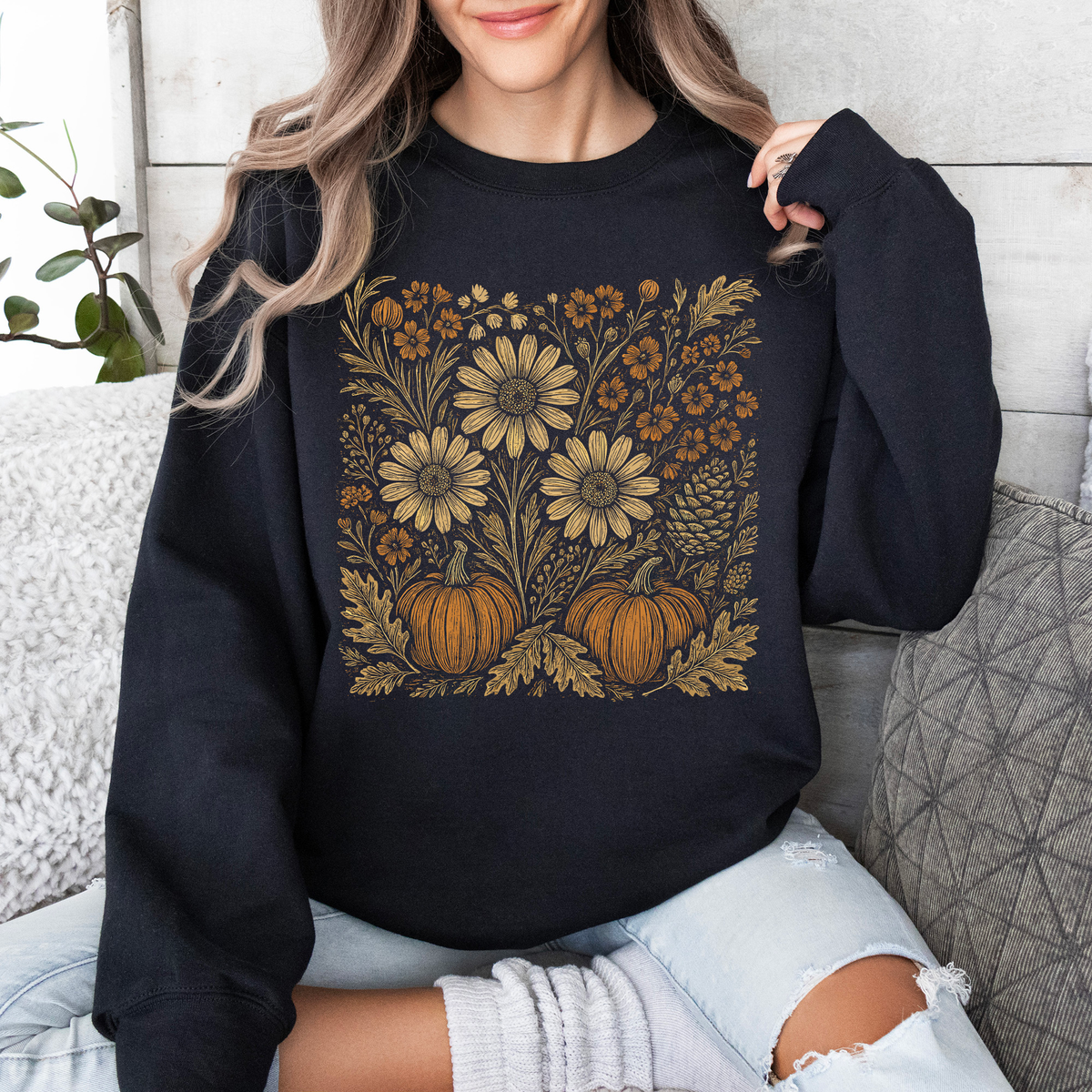 Autumn Wildflowers Minimalist Gorgeous Fall Pumpkin Botanical Cozy Autumnal Sweatshirt