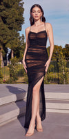 Astee BD7042 Long Ruched Fitted Sheath Gown with Slit