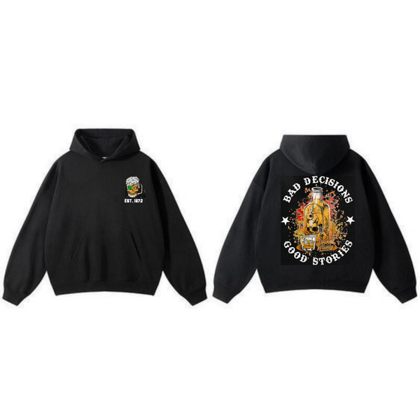 "Bad Decisions Good Stories" Halloween Hoodie – Gen X Pullover, Spooky Nostalgia