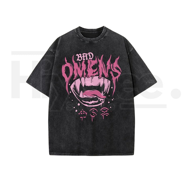 "Bad Omen" Vintage Washed Streetwear Tee – 230g Heavyweight Pure Cotton, Dropped Shoulder Loose Fit Boutique Top