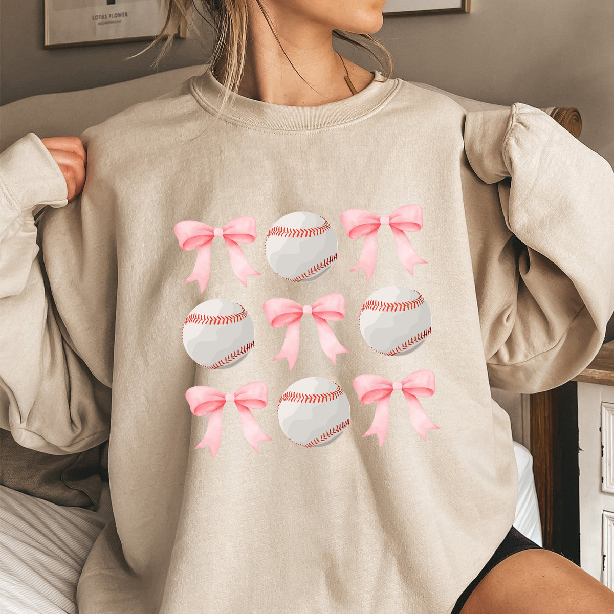 Baseball Pink Bows Mother Mama Sports Coquette Vintage Inspired Cozy Heartfelt Fan Mom Sweatshirt