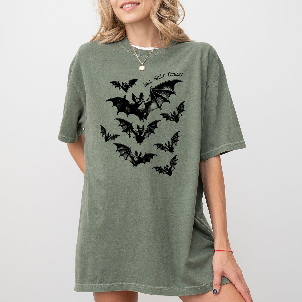 Bat Shit Crazy Halloween Spooky Witch Bats Haunted Night Sky Silhouette Comfort Colors Tee