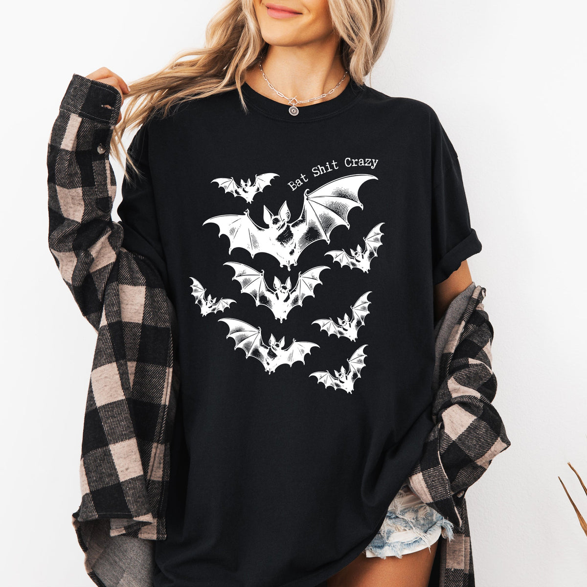 Bat Shit Crazy Halloween Spooky Witch Bats Haunted Night Sky Silhouette Comfort Colors Tee