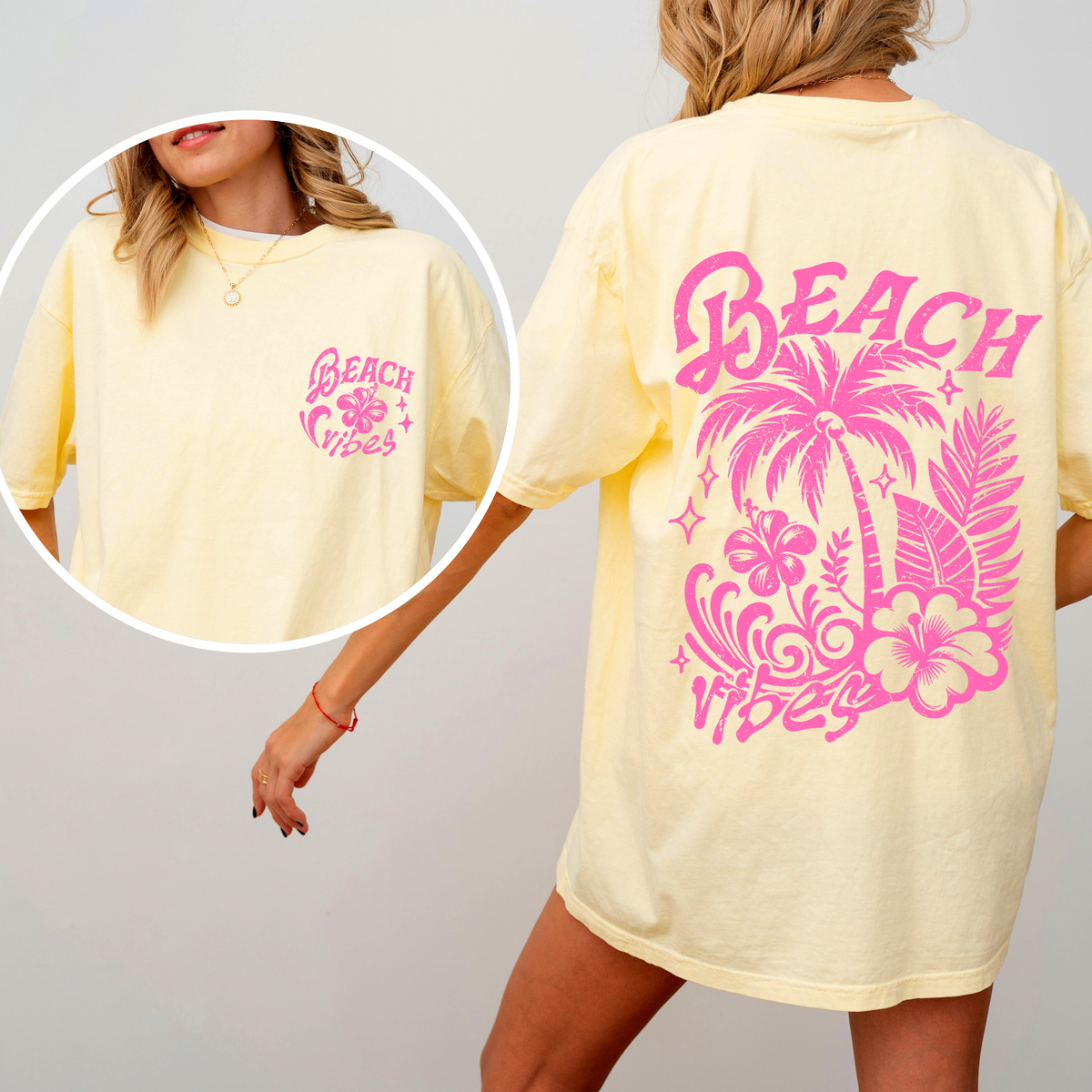Beach Vibes Floral Hibiscus Retro Summer Front And Back Print Comfort Colors Tee